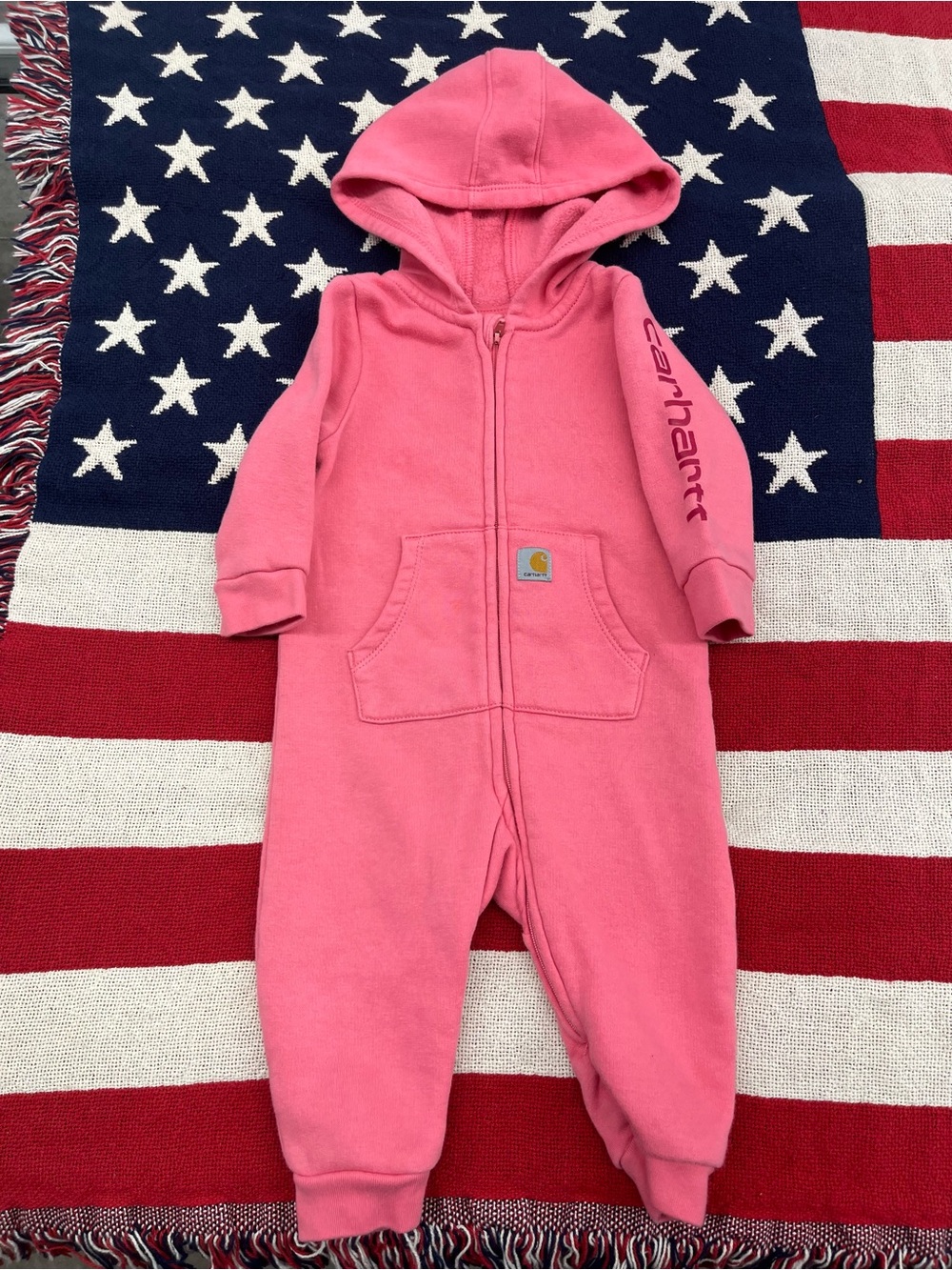 Carhartt Kids Pink Hooded One-Piece Coverall Romper Size 6 Months